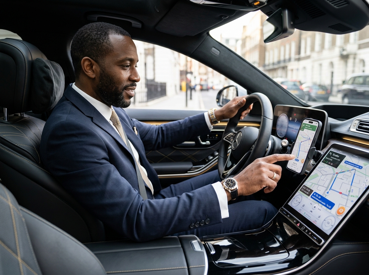 Carpilot driver navigating with tablet in luxury vehicle